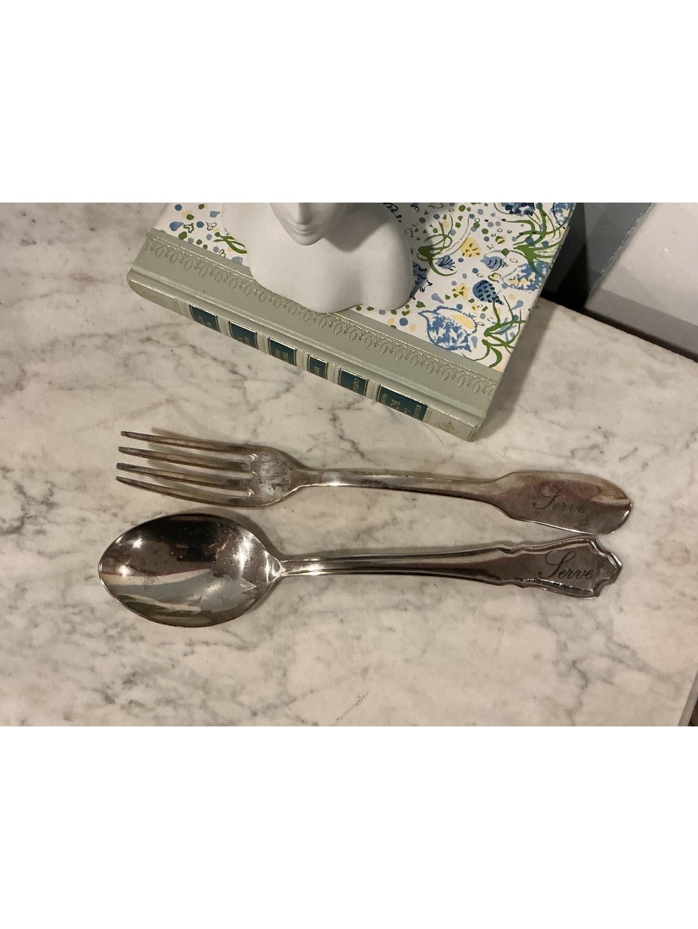 Pottery Barn Silver Serving Fork Spoon Set, Engraved Script, Salad Server